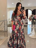 Vestido Longo Floral com Manga 3/4