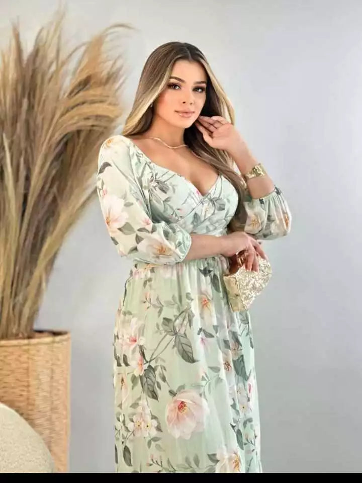 Vestido Longo Floral com Manga 3/4