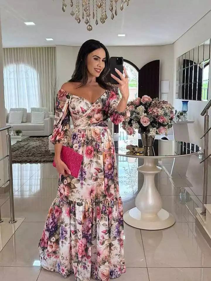 Vestido Longo Floral com Manga 3/4