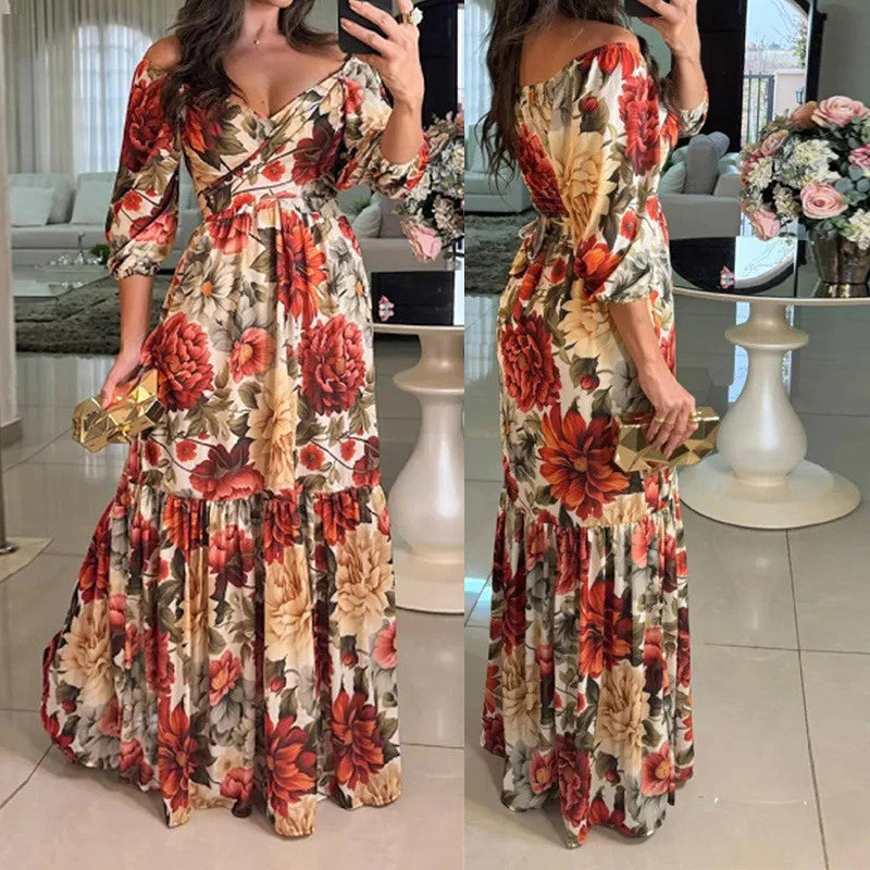 Vestido Longo Floral com Manga 3/4