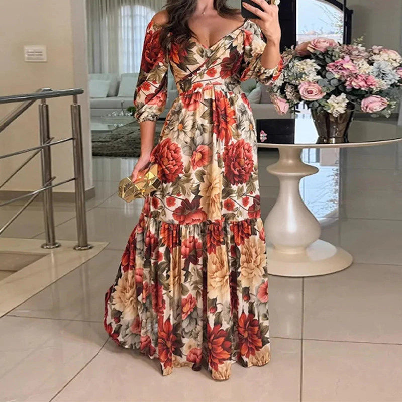 Vestido Longo Floral com Manga 3/4